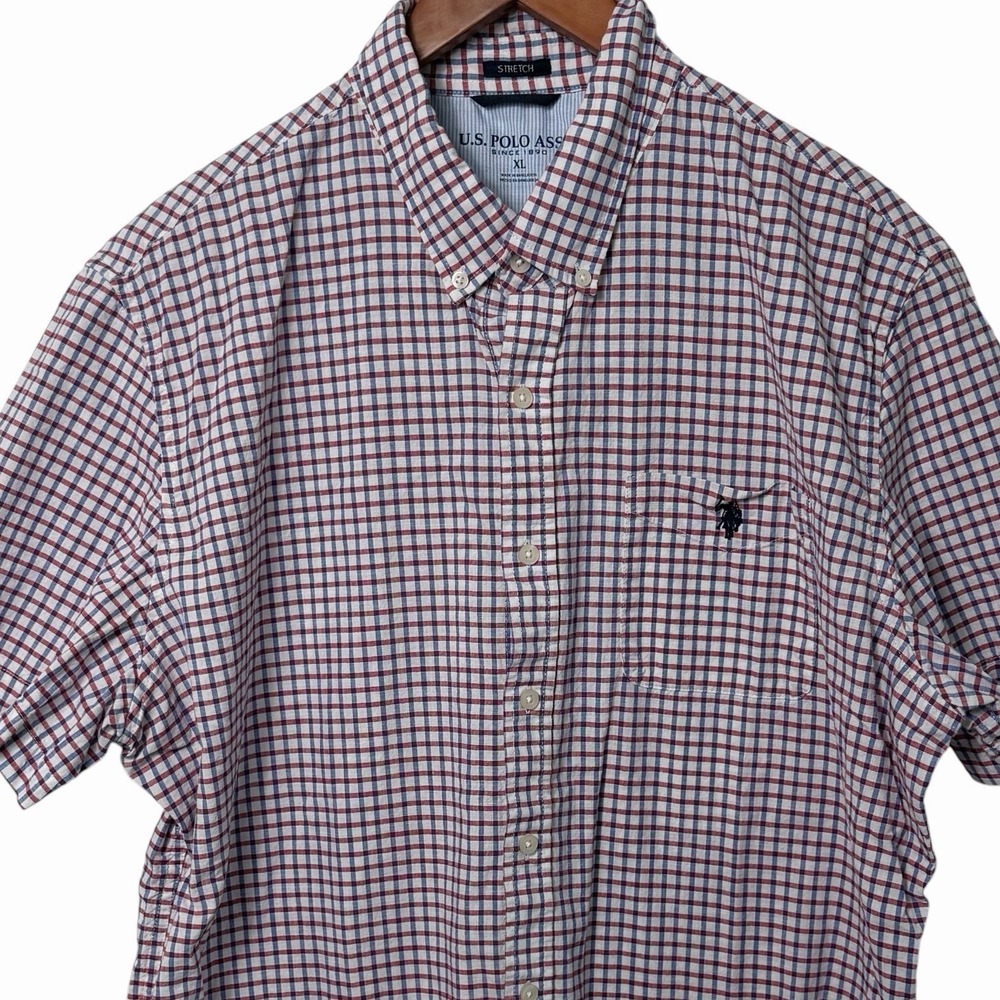 US Polo Assn Shirt Mens XL Red Blue Check Plaid Button Down Short Sleeve Stretch